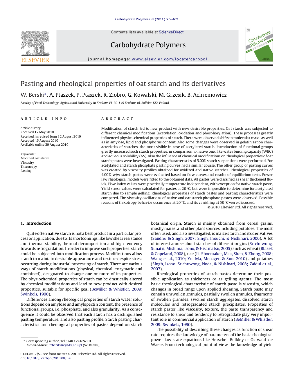 Pasting and rheological properties of oat starch and its derivatives