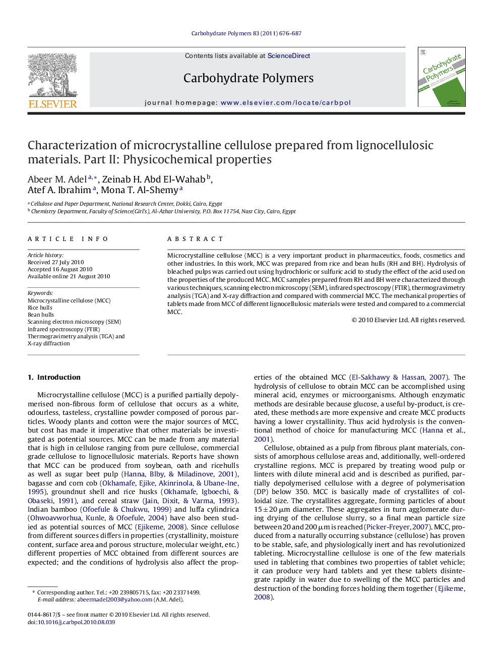 Characterization of microcrystalline cellulose prepared from lignocellulosic materials. Part II: Physicochemical properties