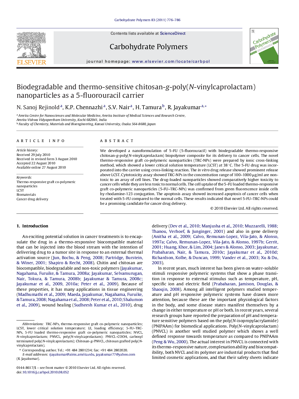 Biodegradable and thermo-sensitive chitosan-g-poly(N-vinylcaprolactam) nanoparticles as a 5-fluorouracil carrier