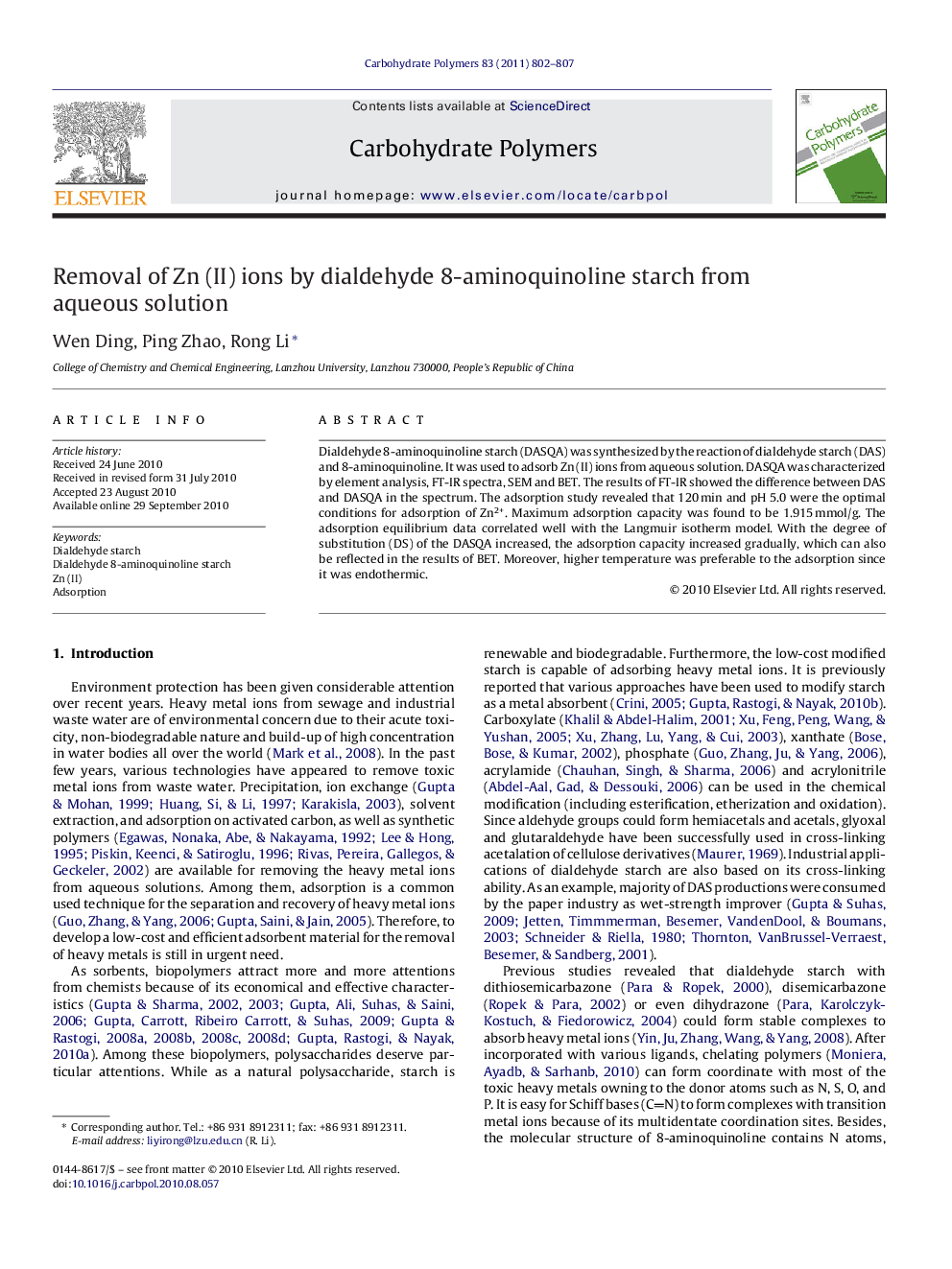 Removal of Zn (II) ions by dialdehyde 8-aminoquinoline starch from aqueous solution