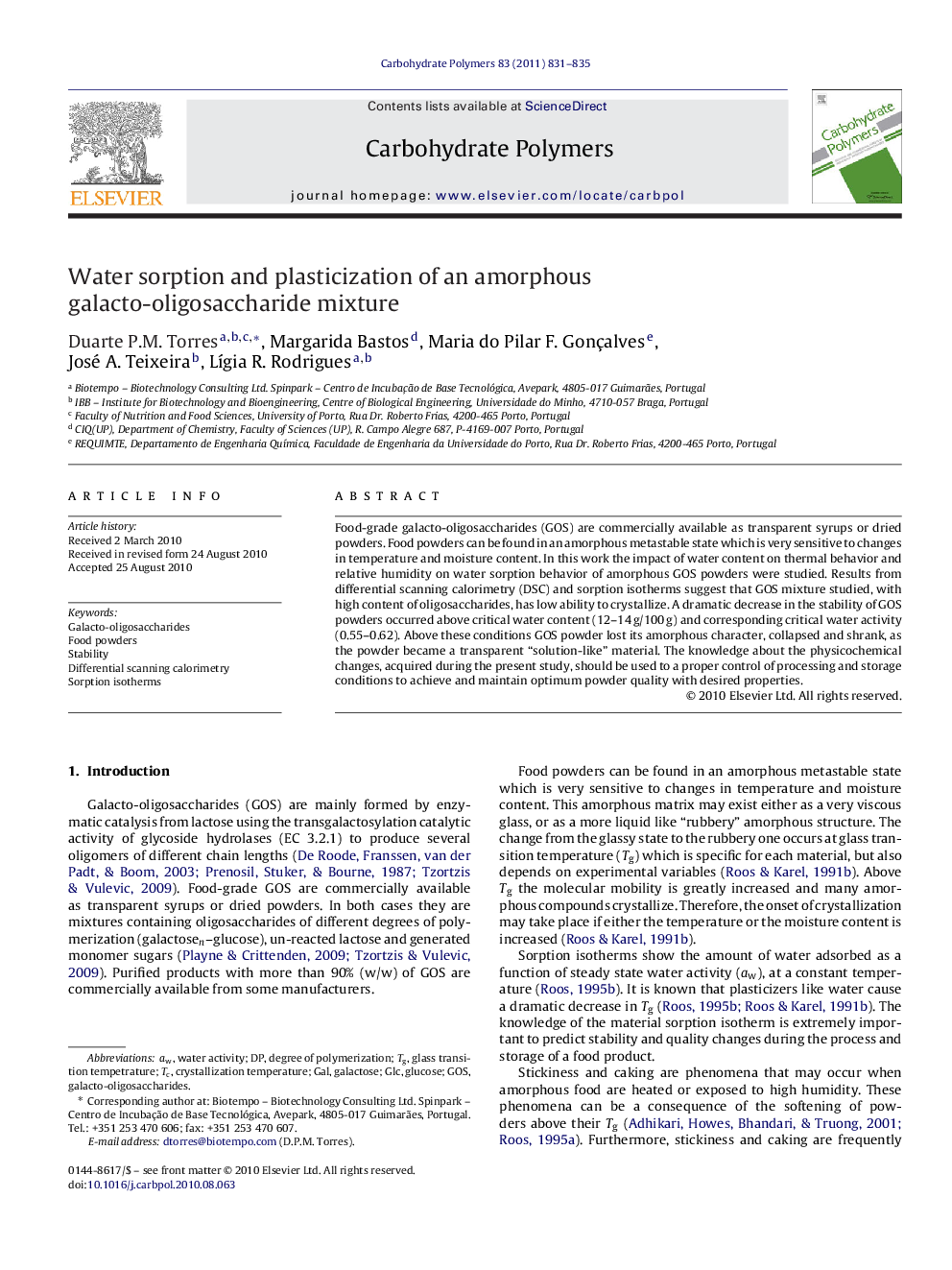 Water sorption and plasticization of an amorphous galacto-oligosaccharide mixture