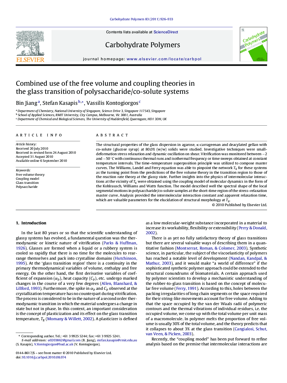 Combined use of the free volume and coupling theories in the glass transition of polysaccharide/co-solute systems