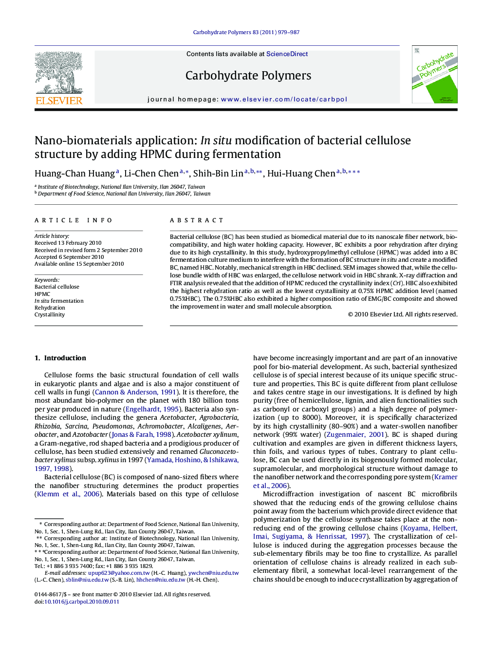 Nano-biomaterials application: In situ modification of bacterial cellulose structure by adding HPMC during fermentation