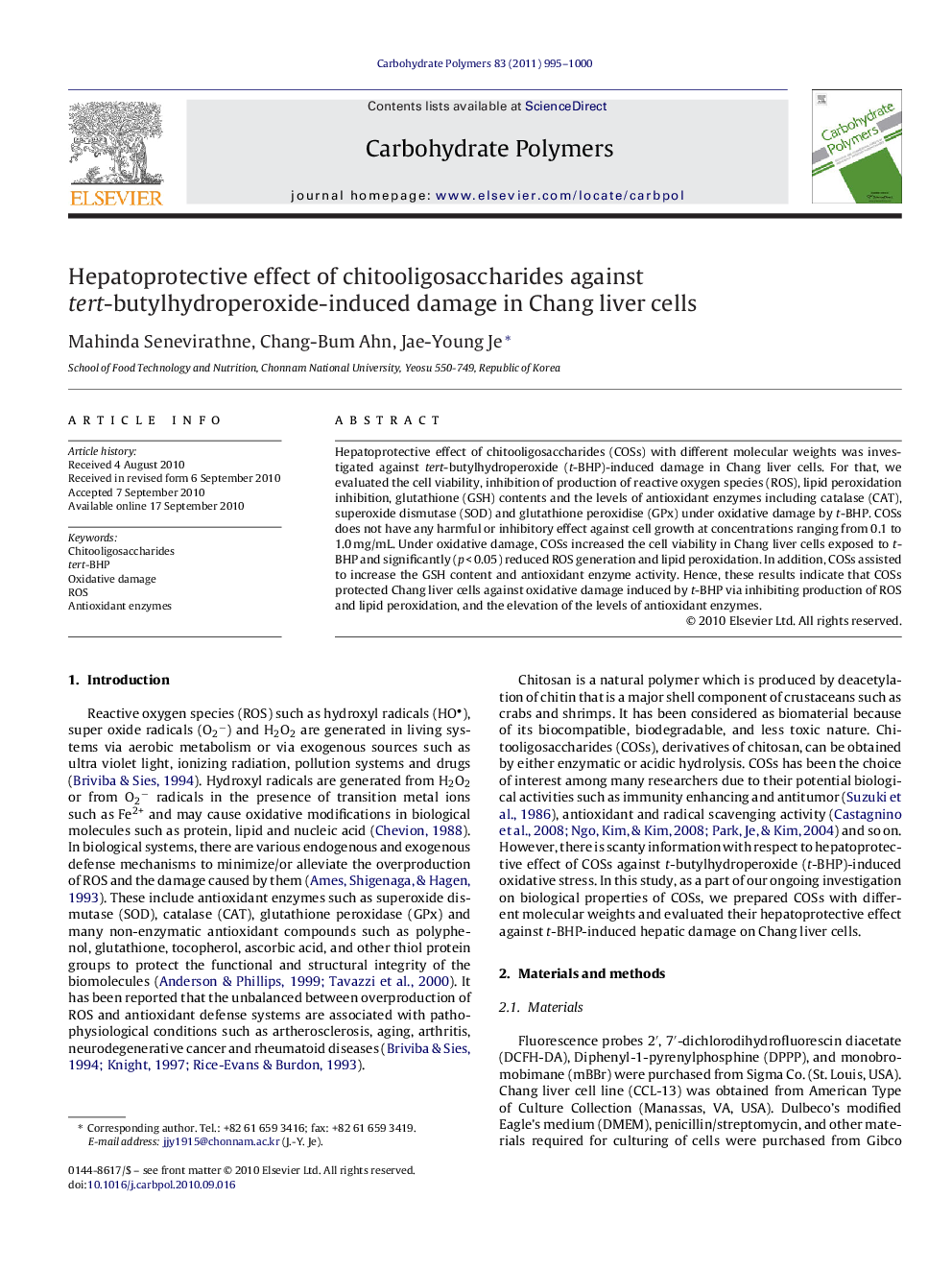 Hepatoprotective effect of chitooligosaccharides against tert-butylhydroperoxide-induced damage in Chang liver cells