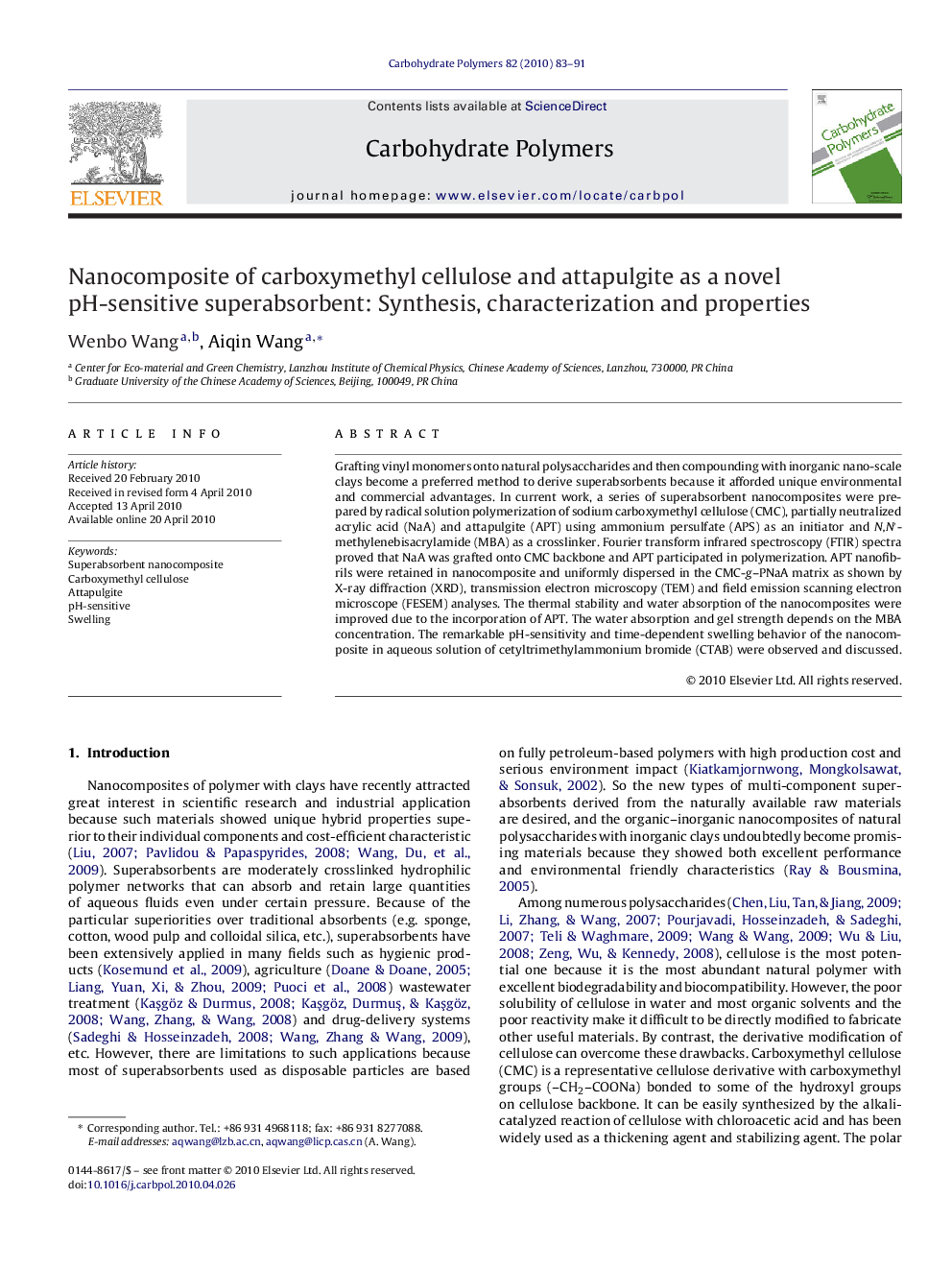 Nanocomposite of carboxymethyl cellulose and attapulgite as a novel pH-sensitive superabsorbent: Synthesis, characterization and properties