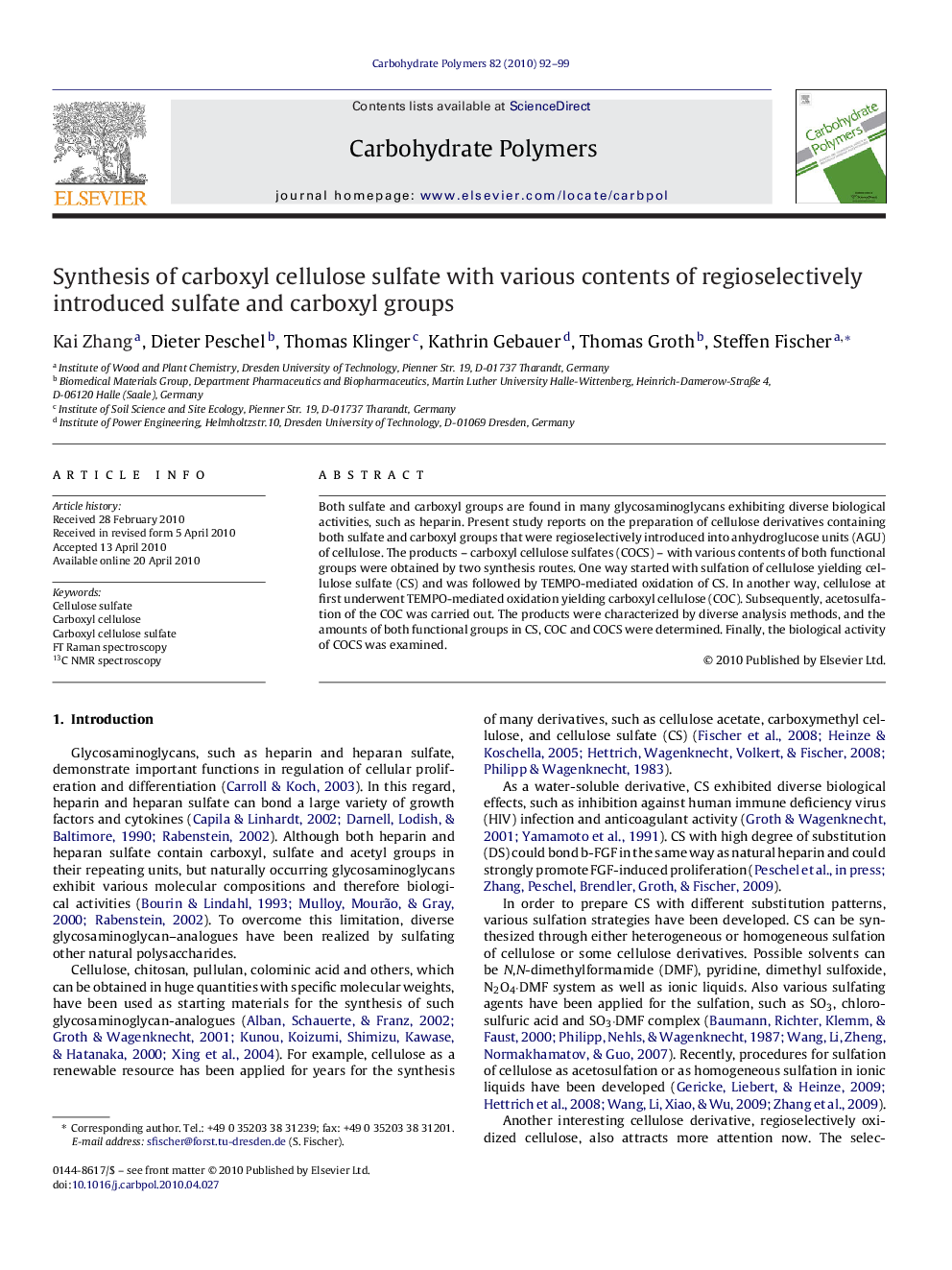 Synthesis of carboxyl cellulose sulfate with various contents of regioselectively introduced sulfate and carboxyl groups