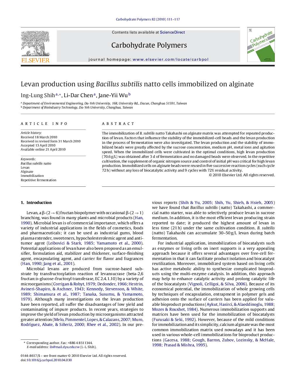 Levan production using Bacillus subtilis natto cells immobilized on alginate