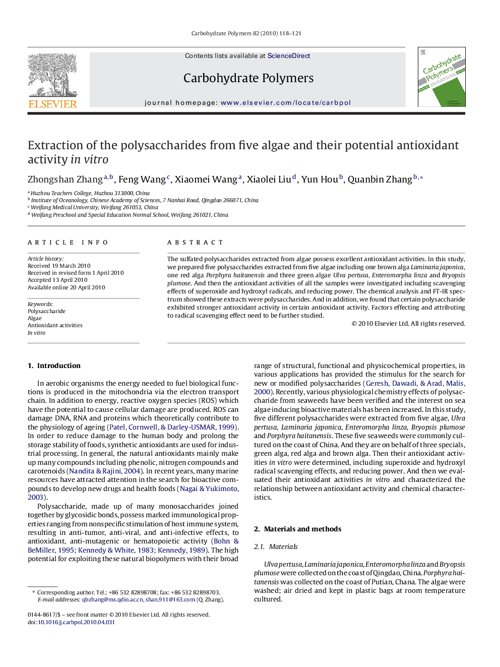 Extraction of the polysaccharides from five algae and their potential antioxidant activity in vitro