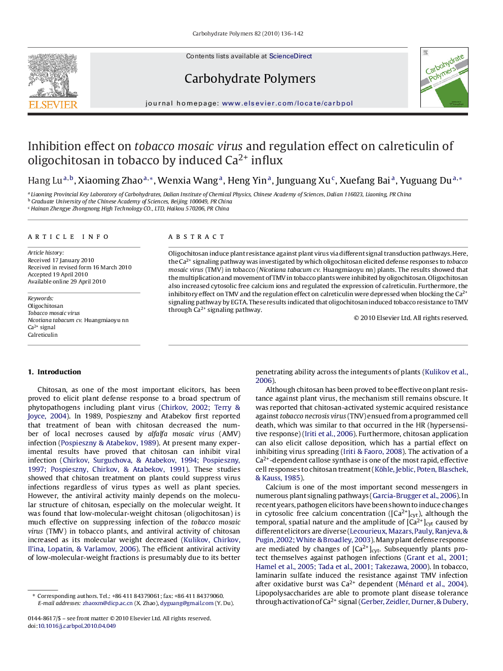 Inhibition effect on tobacco mosaic virus and regulation effect on calreticulin of oligochitosan in tobacco by induced Ca2+ influx