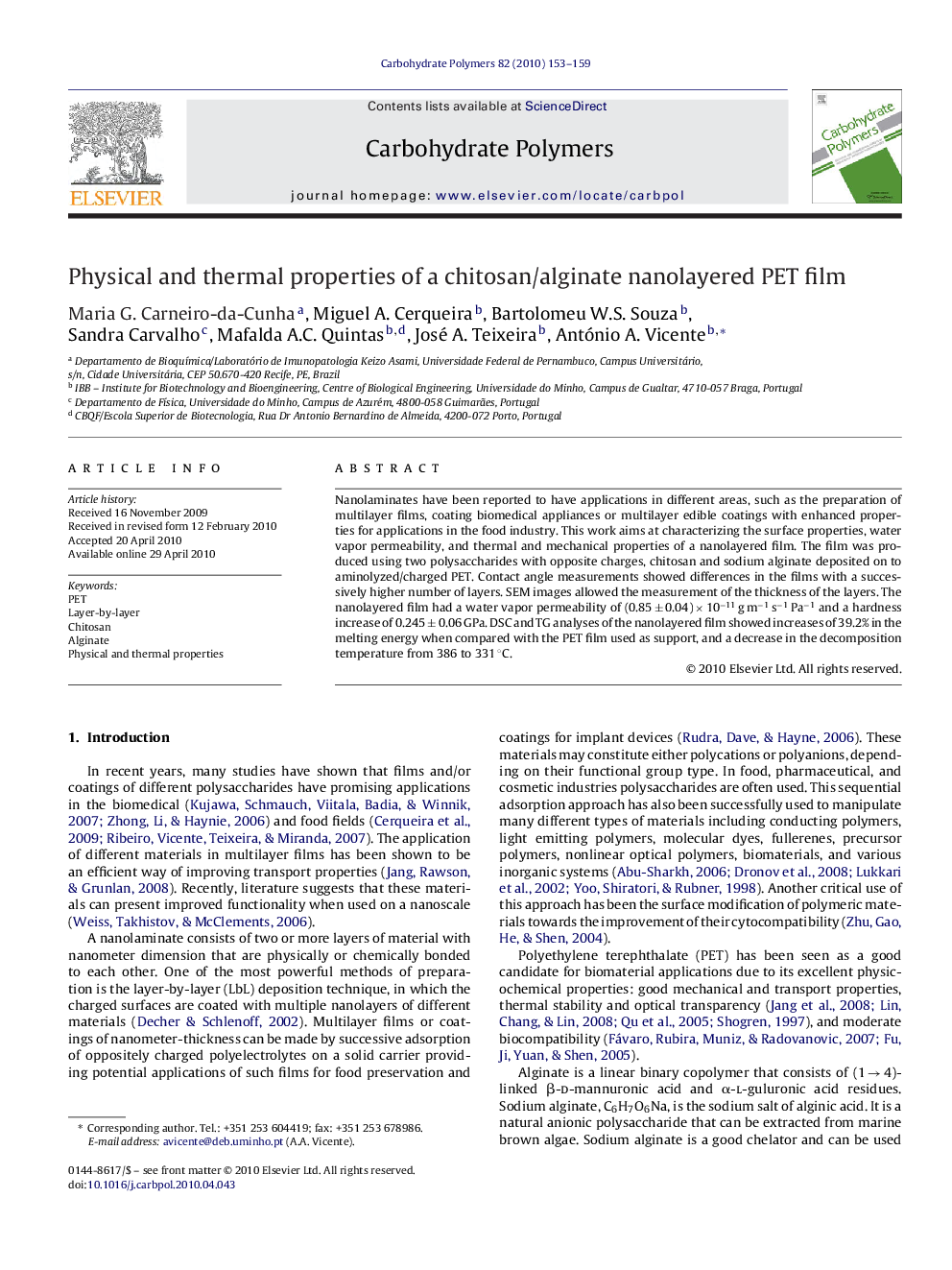 Physical and thermal properties of a chitosan/alginate nanolayered PET film