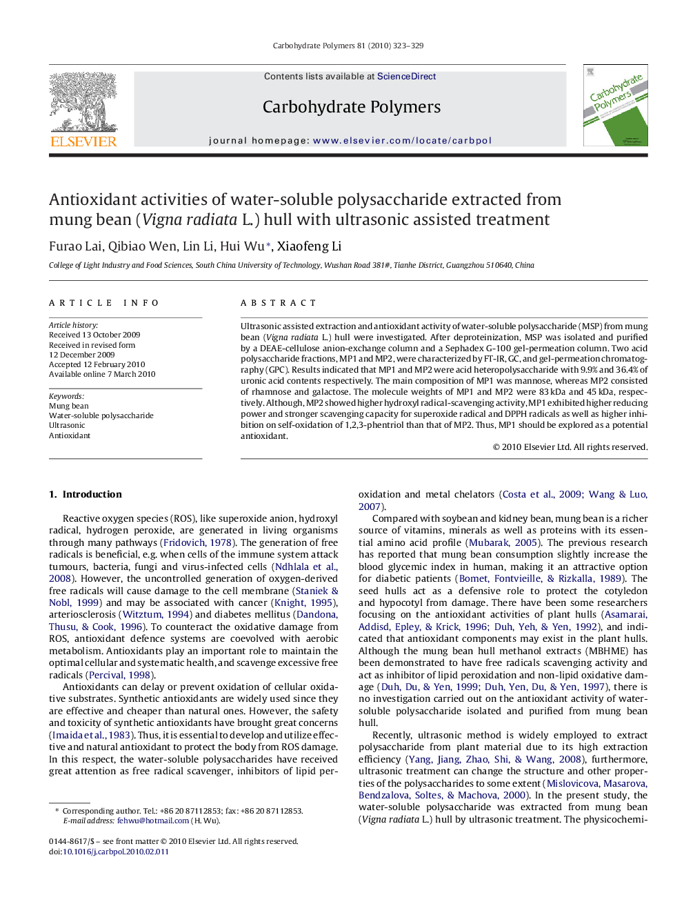 Antioxidant activities of water-soluble polysaccharide extracted from mung bean (Vigna radiata L.) hull with ultrasonic assisted treatment