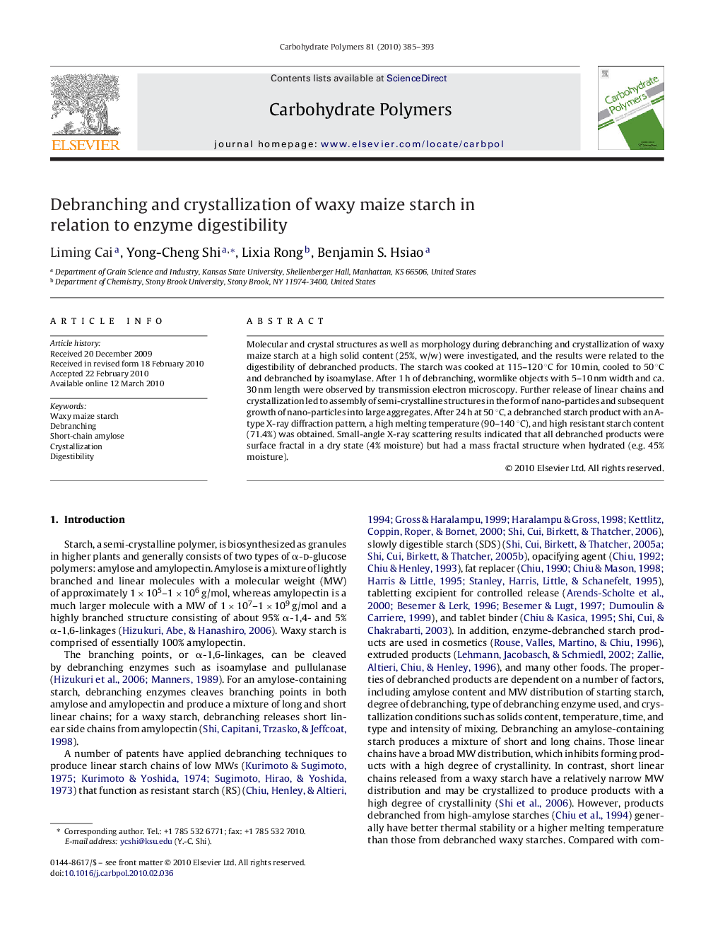 Debranching and crystallization of waxy maize starch in relation to enzyme digestibility