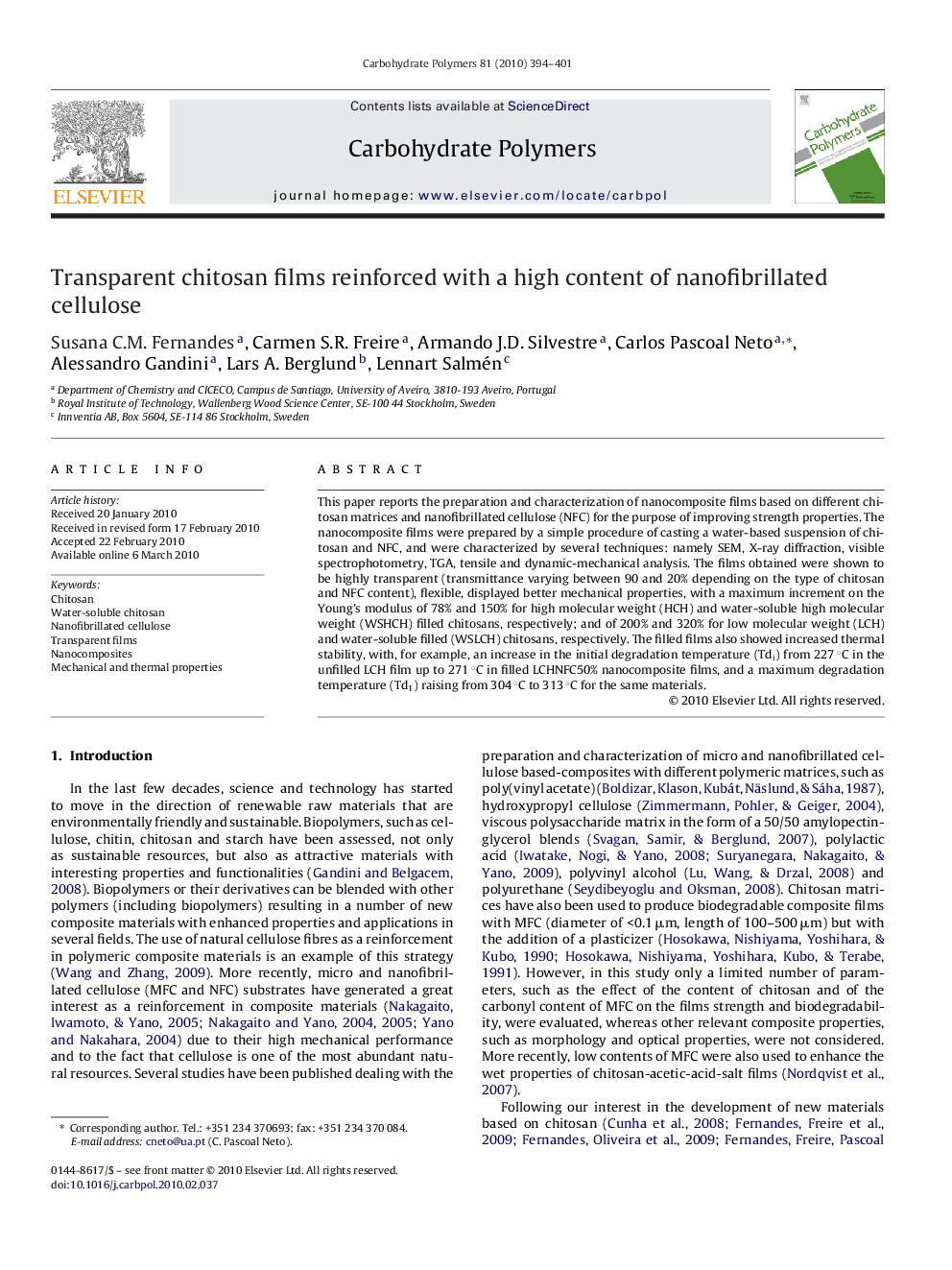عکس صفحه اول مقاله: Transparent chitosan films reinforced with a high content of nanofibrillated cellulose Transparent chitosan films reinforced with a high content of nanofibrillated cellulose
