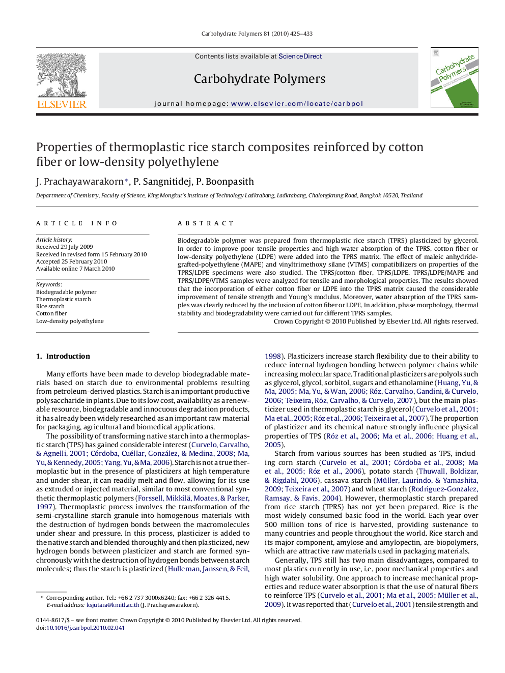 Properties of thermoplastic rice starch composites reinforced by cotton fiber or low-density polyethylene