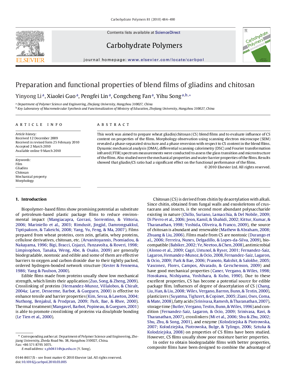 Preparation and functional properties of blend films of gliadins and chitosan