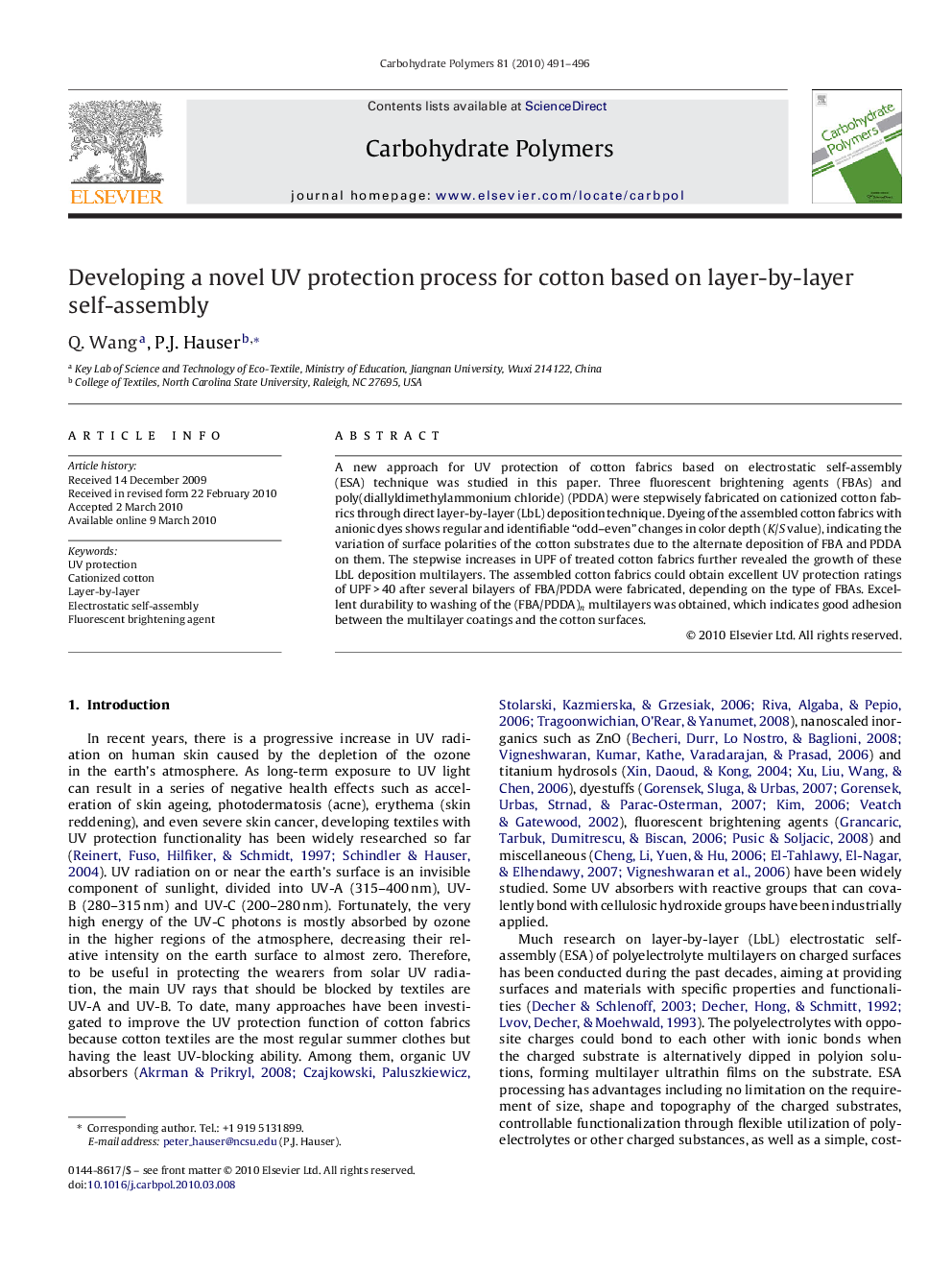 Developing a novel UV protection process for cotton based on layer-by-layer self-assembly