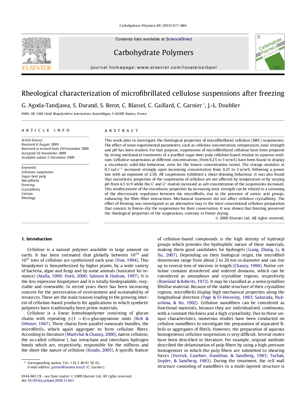 Rheological characterization of microfibrillated cellulose suspensions after freezing