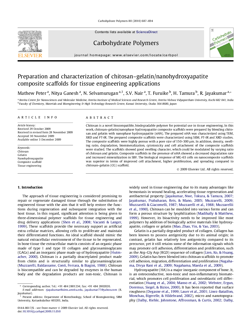 Preparation and characterization of chitosan–gelatin/nanohydroxyapatite composite scaffolds for tissue engineering applications