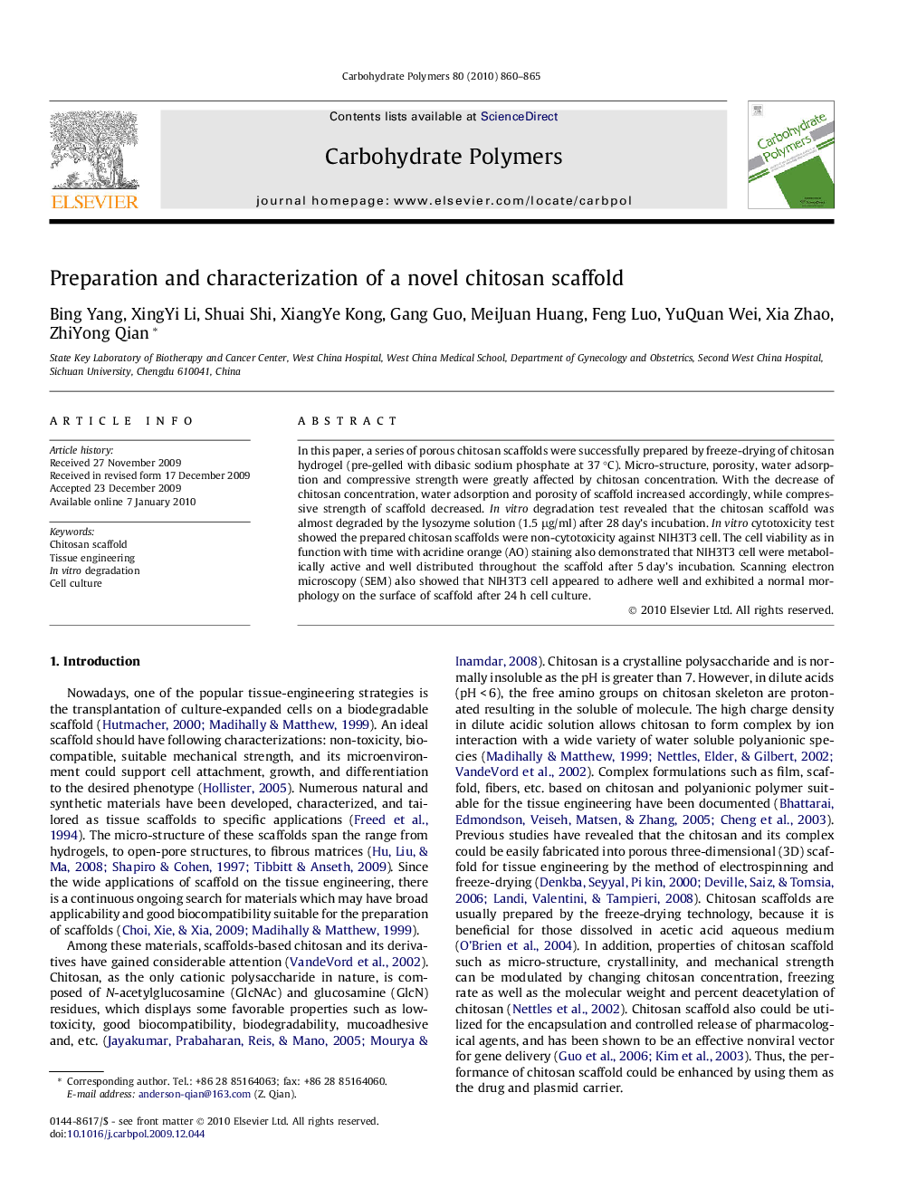 Preparation and characterization of a novel chitosan scaffold