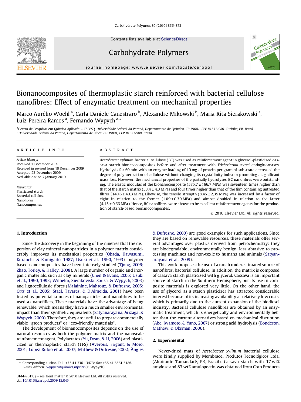 Bionanocomposites of thermoplastic starch reinforced with bacterial cellulose nanofibres: Effect of enzymatic treatment on mechanical properties