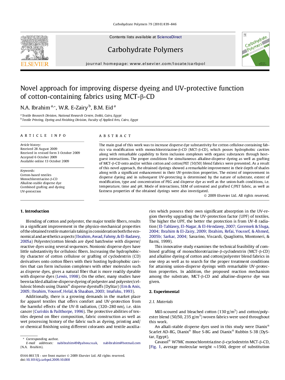 Novel approach for improving disperse dyeing and UV-protective function of cotton-containing fabrics using MCT-β-CD