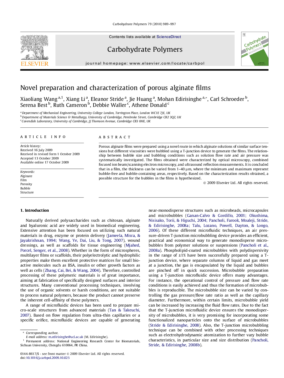 Novel preparation and characterization of porous alginate films