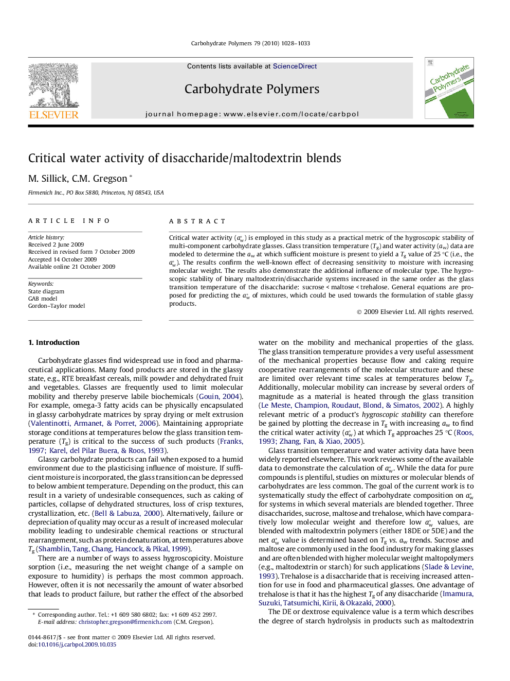 Critical water activity of disaccharide/maltodextrin blends