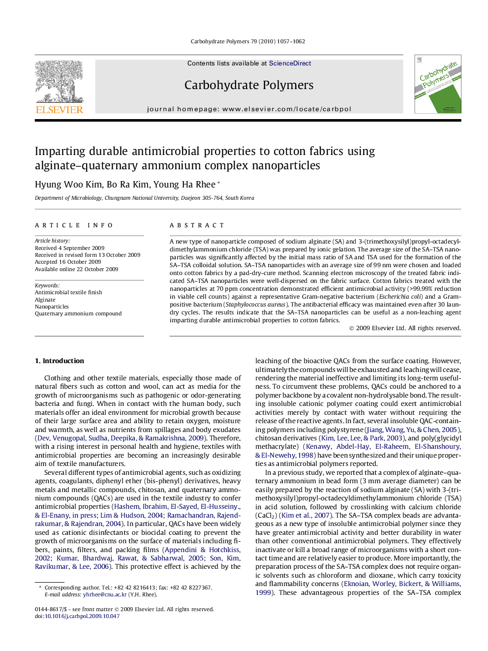 Imparting durable antimicrobial properties to cotton fabrics using alginate–quaternary ammonium complex nanoparticles