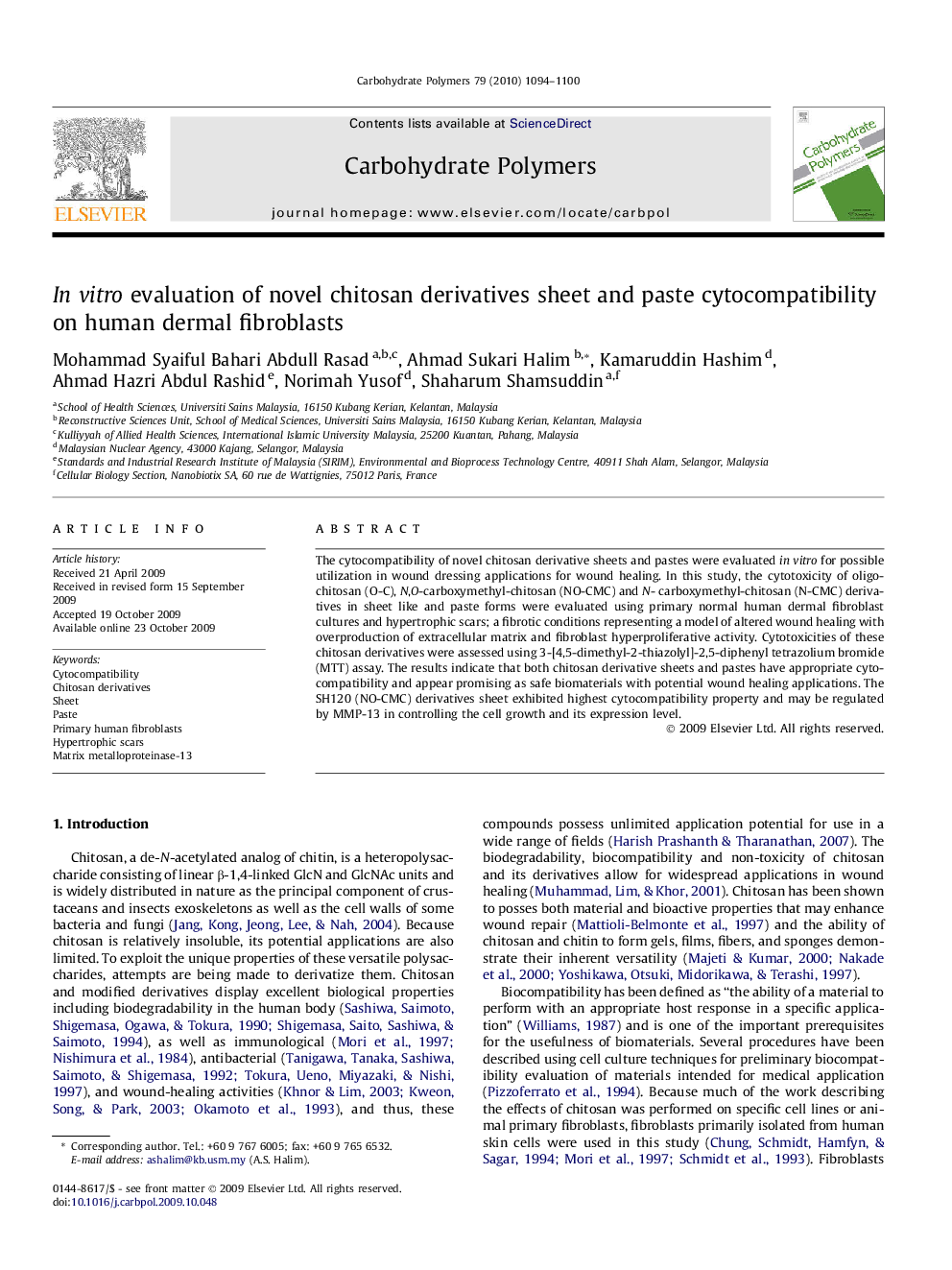 In vitro evaluation of novel chitosan derivatives sheet and paste cytocompatibility on human dermal fibroblasts