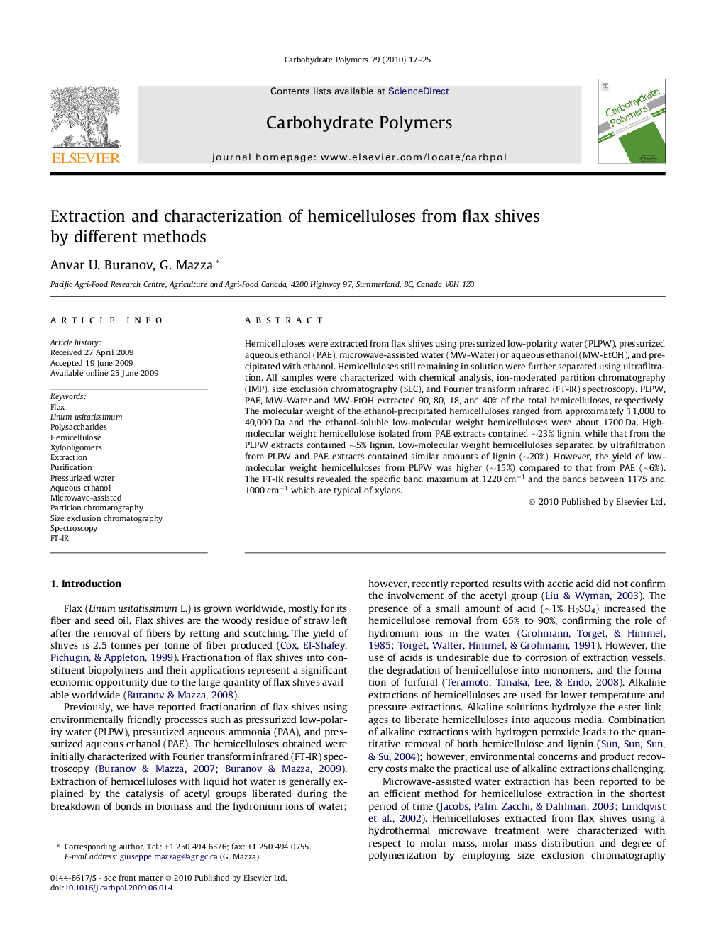 Extraction and characterization of hemicelluloses from flax shives by different methods