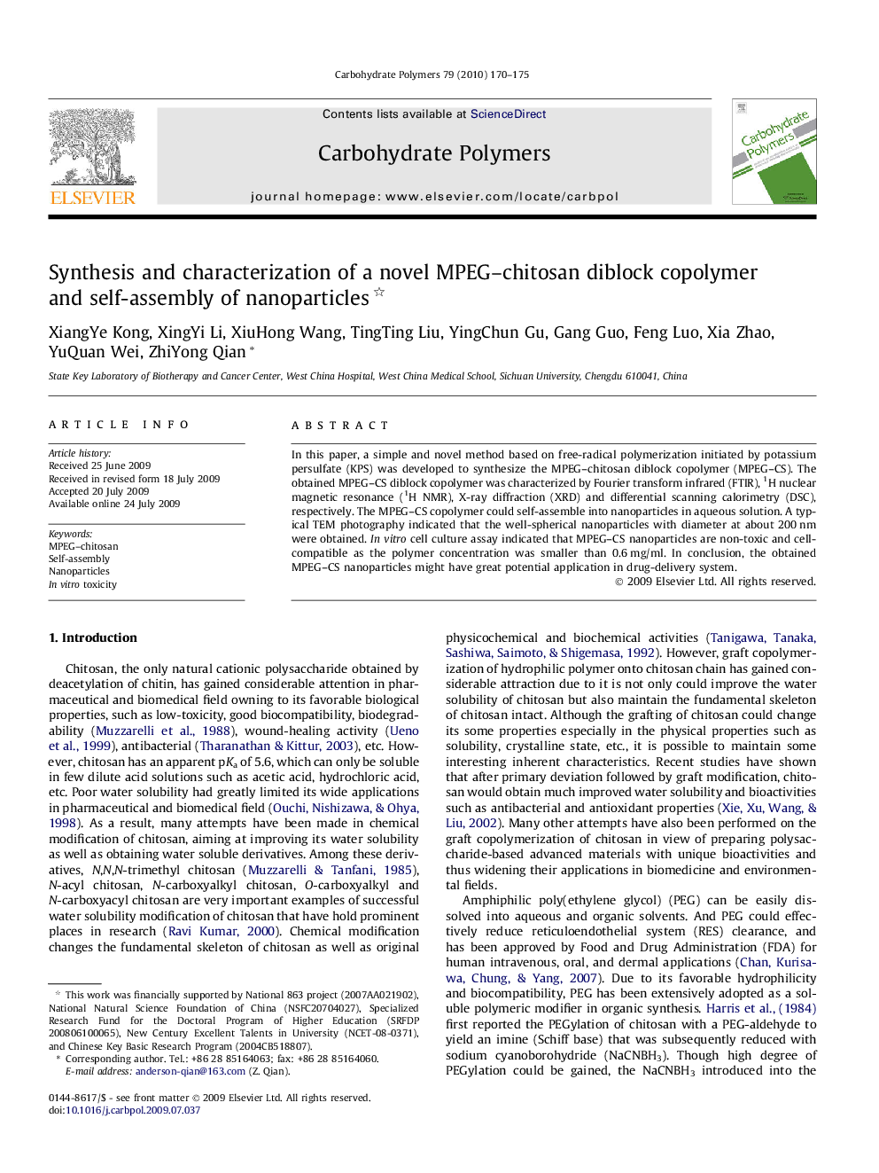 Synthesis and characterization of a novel MPEG–chitosan diblock copolymer and self-assembly of nanoparticles 