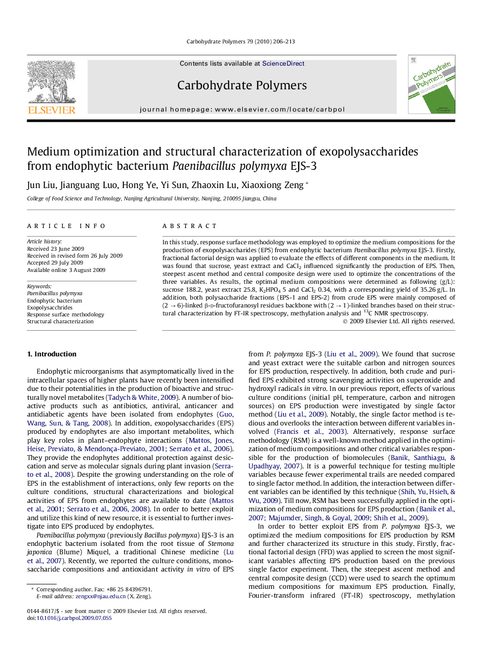 Medium optimization and structural characterization of exopolysaccharides from endophytic bacterium Paenibacillus polymyxa EJS-3