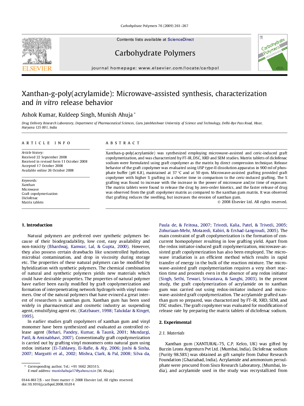 Xanthan-g-poly(acrylamide): Microwave-assisted synthesis, characterization and in vitro release behavior