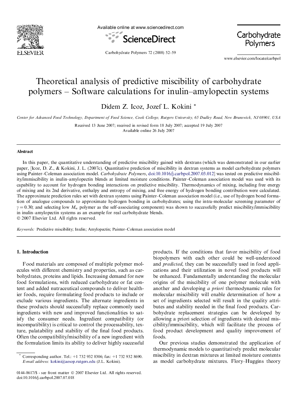 Theoretical analysis of predictive miscibility of carbohydrate polymers - Software calculations for inulin-amylopectin systems