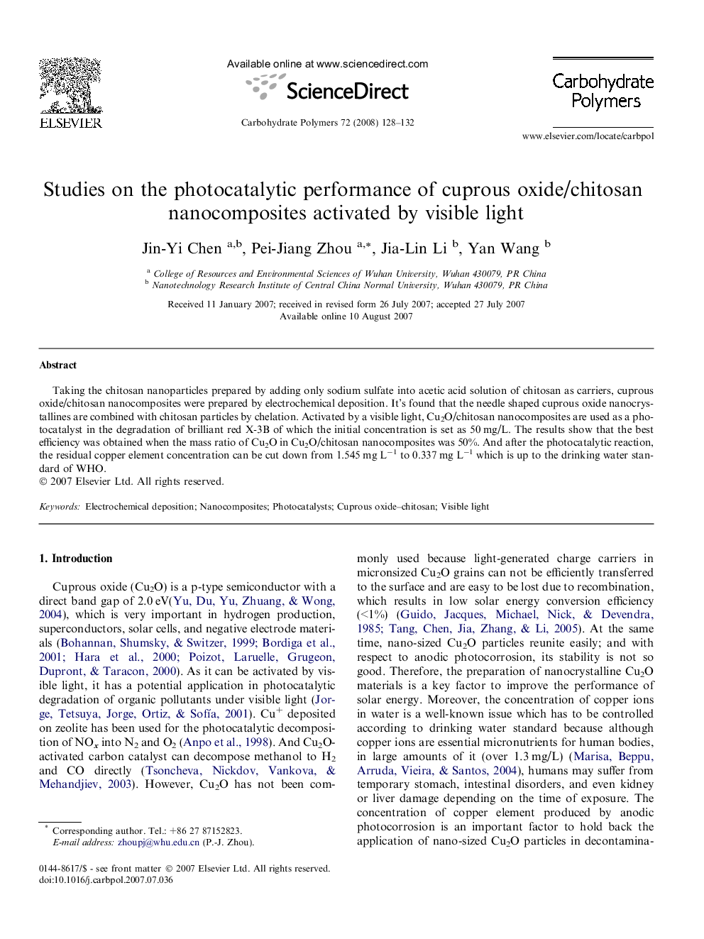 Studies on the photocatalytic performance of cuprous oxide/chitosan nanocomposites activated by visible light