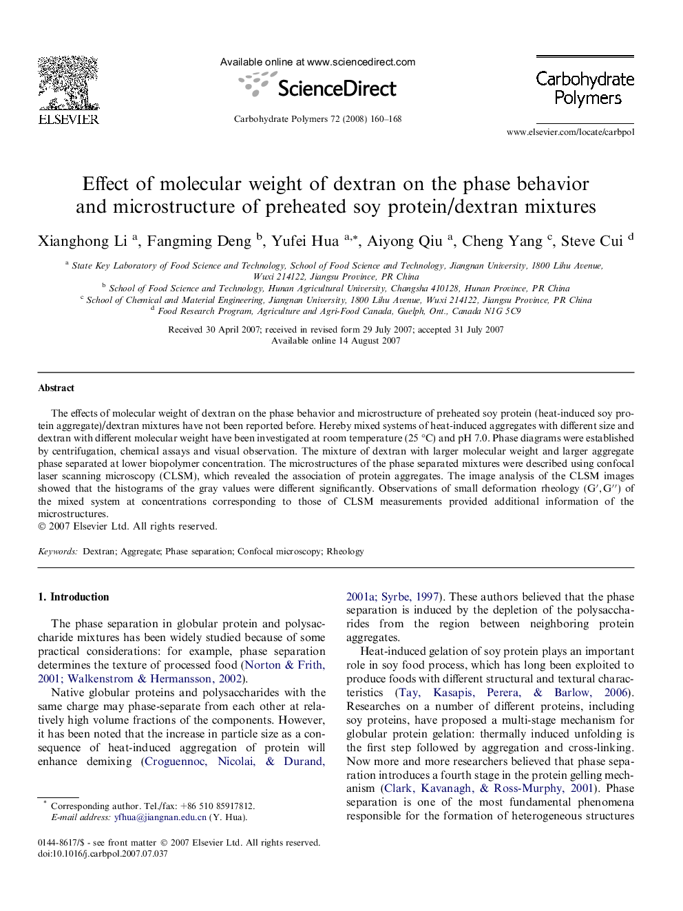 Effect of molecular weight of dextran on the phase behavior and microstructure of preheated soy protein/dextran mixtures