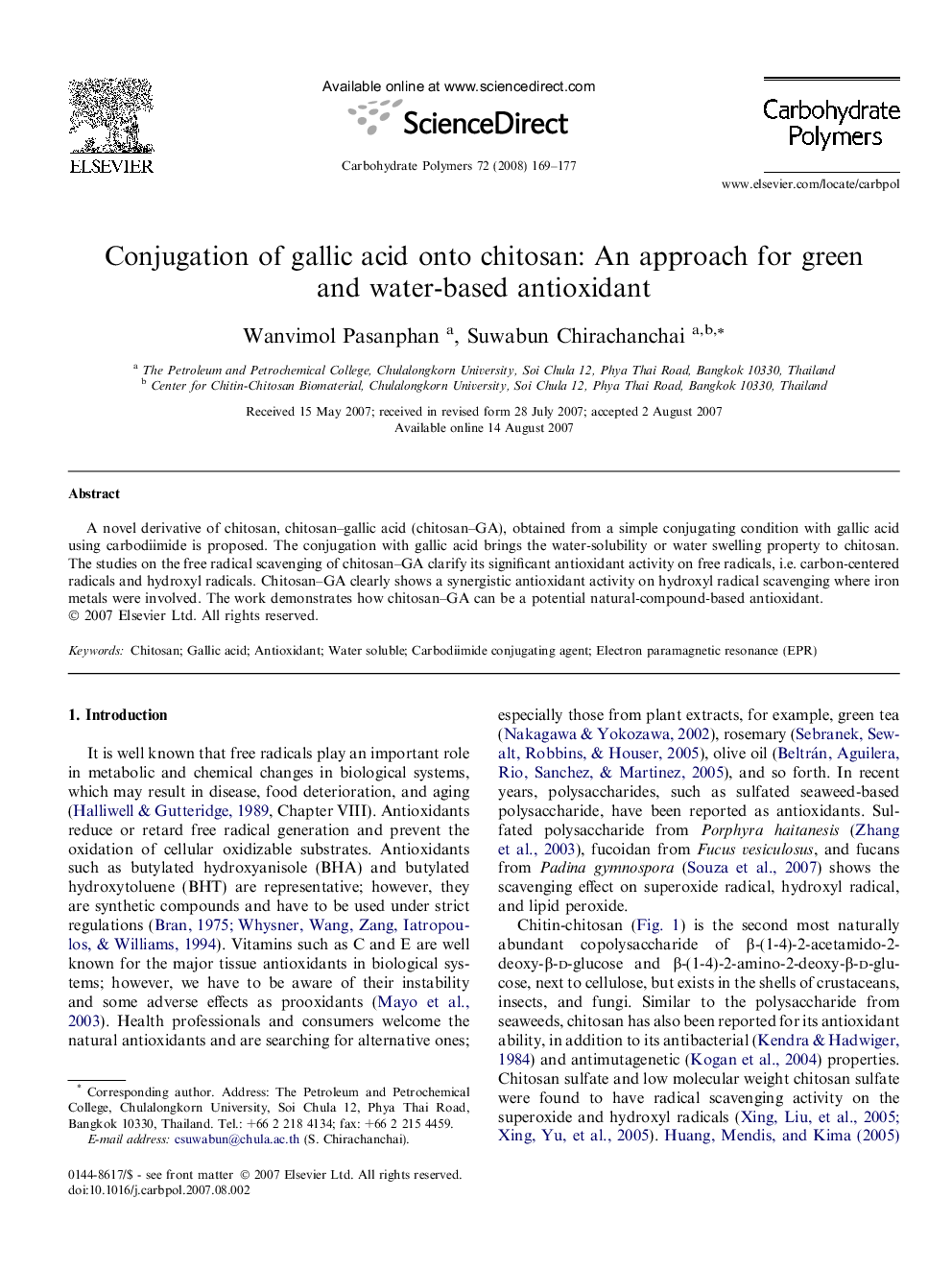 Conjugation of gallic acid onto chitosan: An approach for green and water-based antioxidant