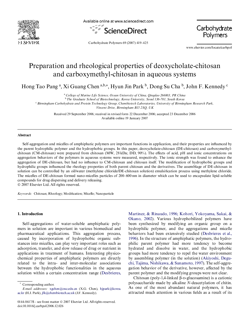 Preparation and rheological properties of deoxycholate-chitosan and carboxymethyl-chitosan in aqueous systems