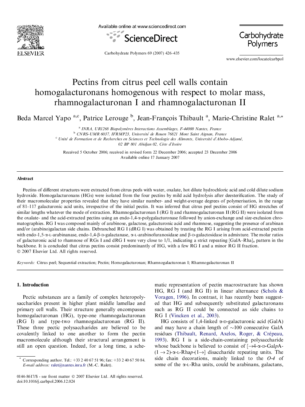 Pectins from citrus peel cell walls contain homogalacturonans homogenous with respect to molar mass, rhamnogalacturonan I and rhamnogalacturonan II