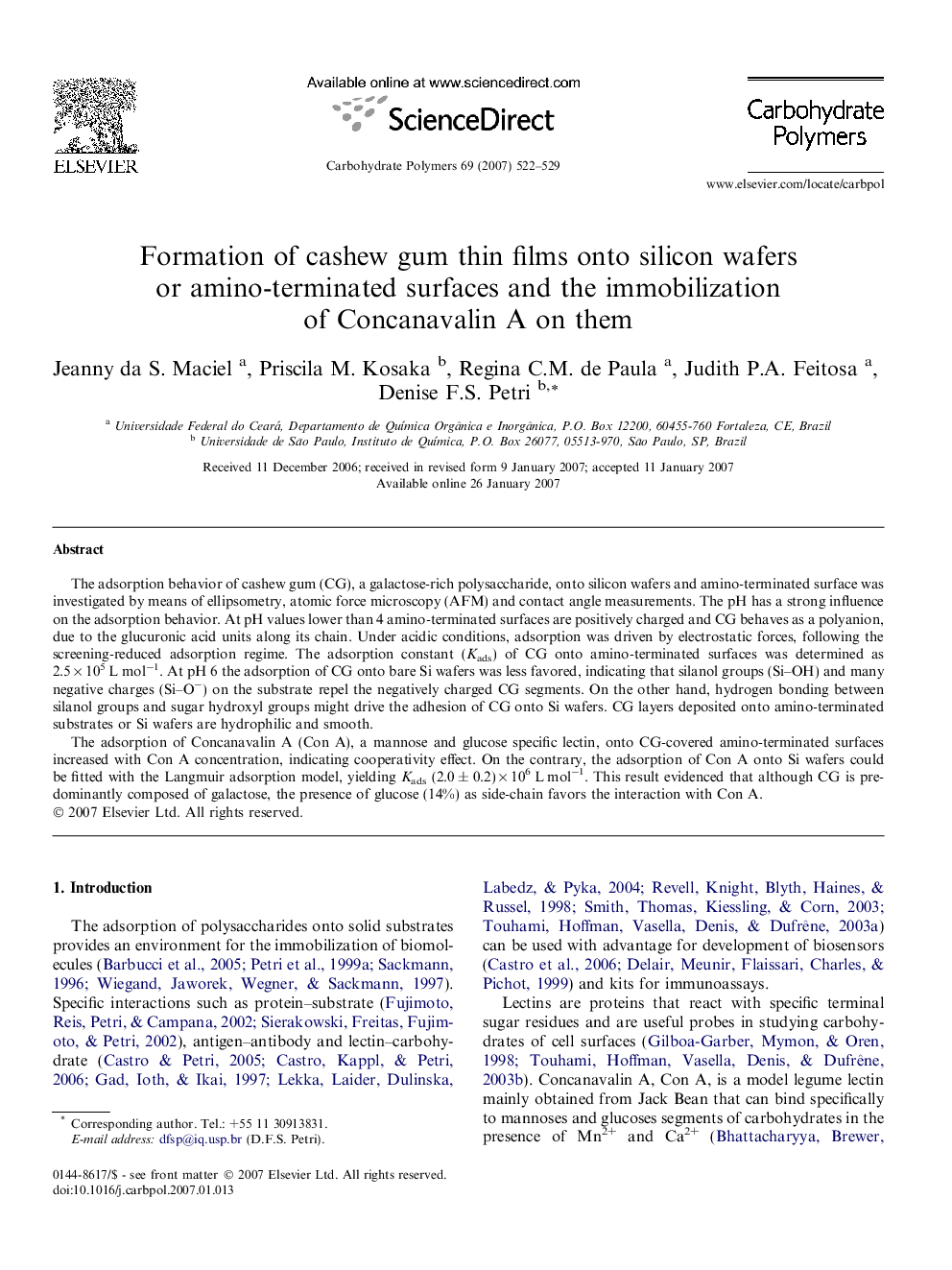 Formation of cashew gum thin films onto silicon wafers or amino-terminated surfaces and the immobilization of Concanavalin A on them