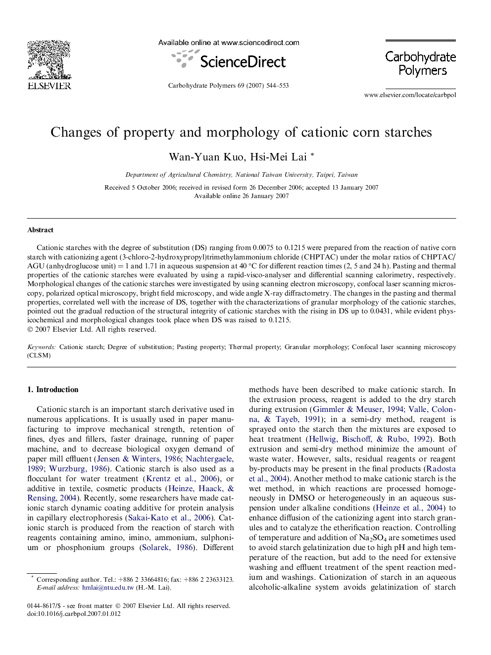 Changes of property and morphology of cationic corn starches