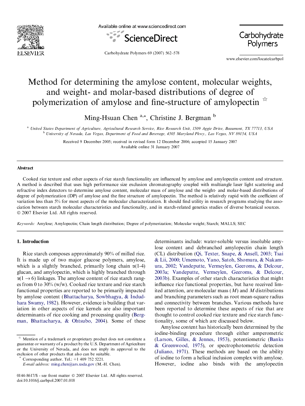 عکس صفحه اول مقاله: Method for determining the amylose content, molecular weights, and weight- and molar-based distributions of degree of polymerization of amylose and fine-structure of amylopectin Method for determining the amylose content, molecular weights, and weight- and molar-based distributions of degree of polymerization of amylose and fine-structure of amylopectin