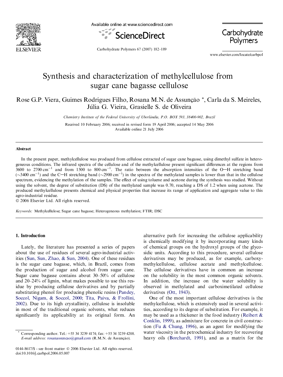 Synthesis and characterization of methylcellulose from sugar cane bagasse cellulose