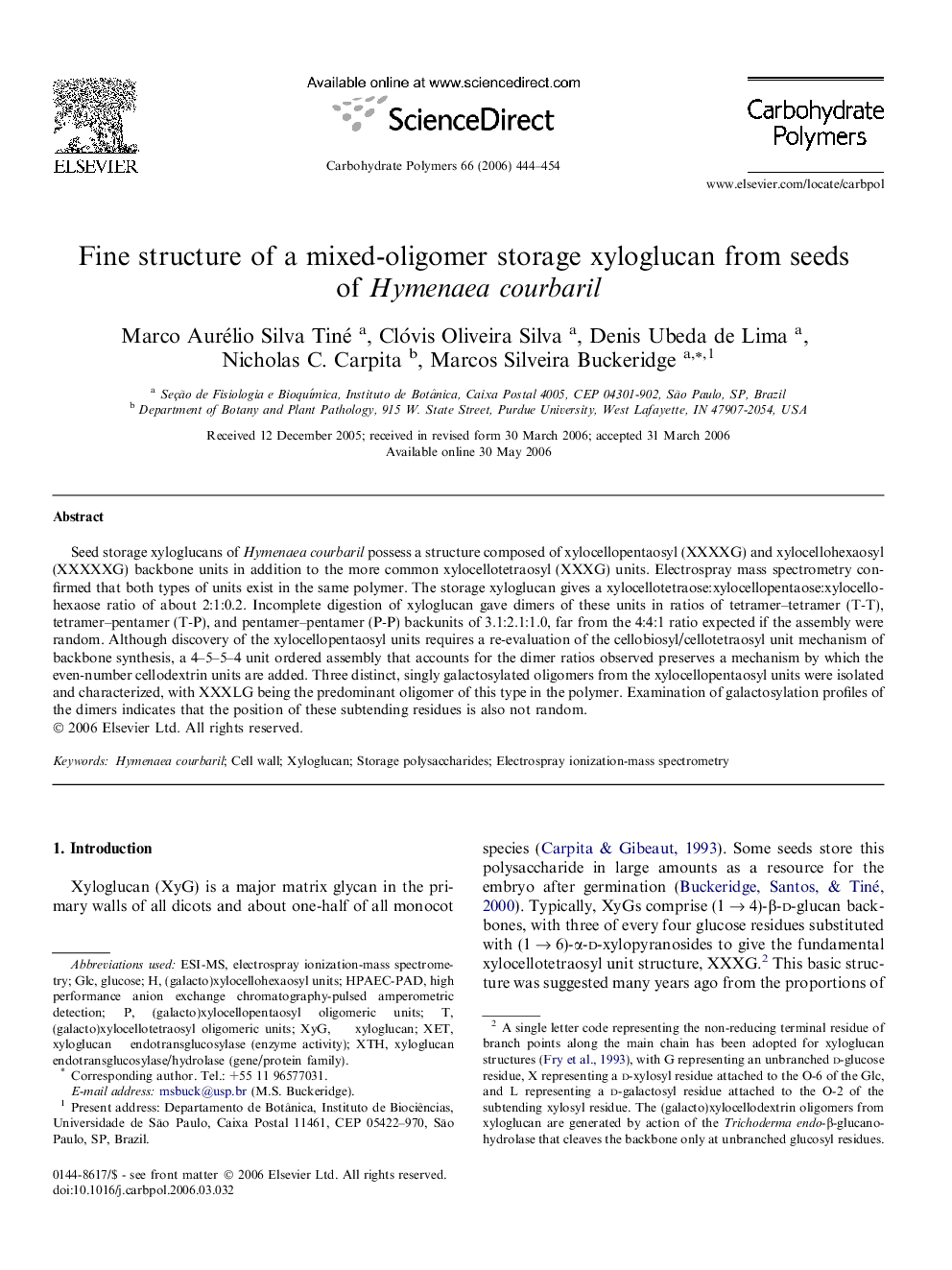 Fine structure of a mixed-oligomer storage xyloglucan from seeds of Hymenaea courbaril