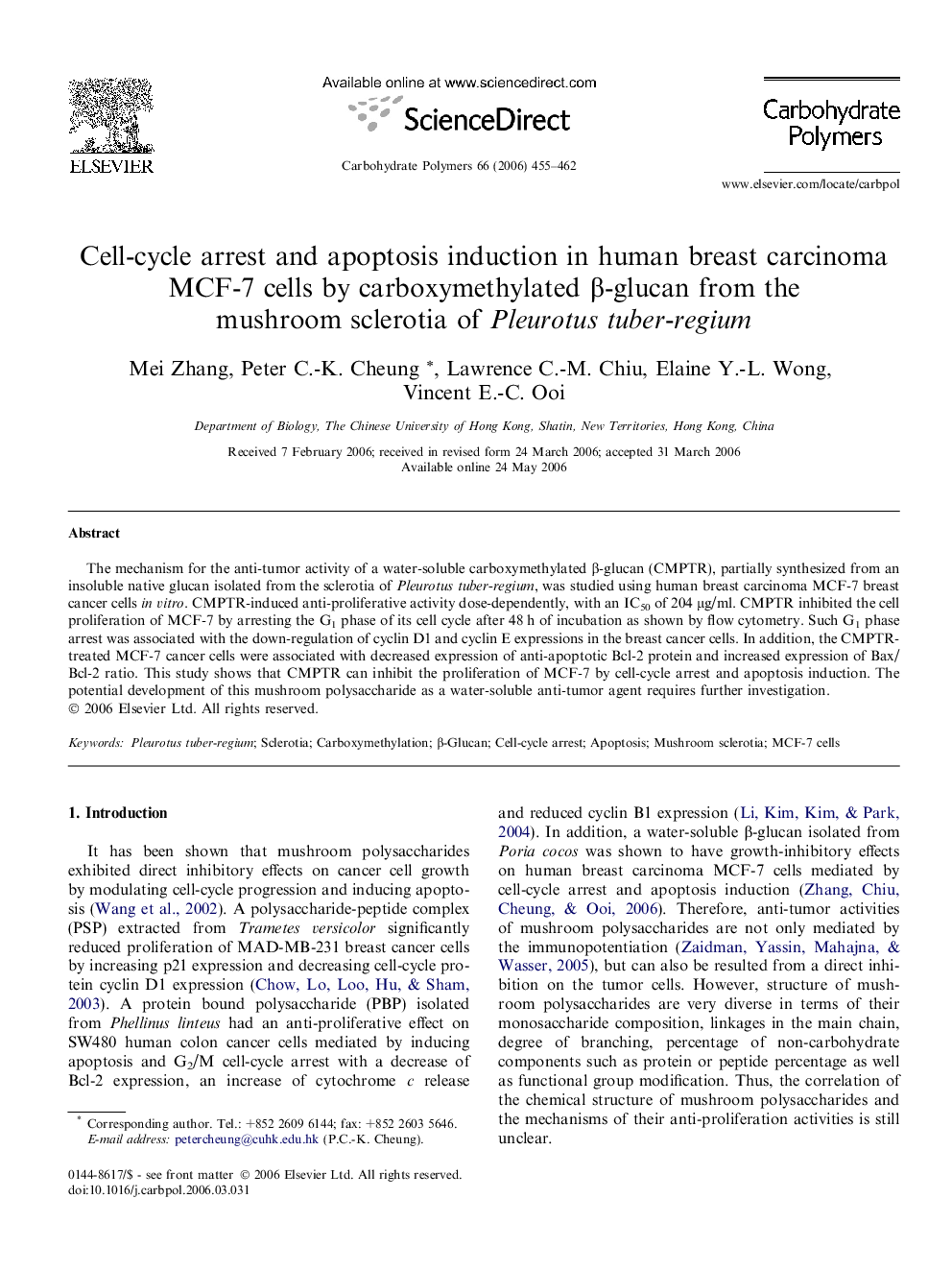 Cell-cycle arrest and apoptosis induction in human breast carcinoma MCF-7 cells by carboxymethylated β-glucan from the mushroom sclerotia of Pleurotus tuber-regium