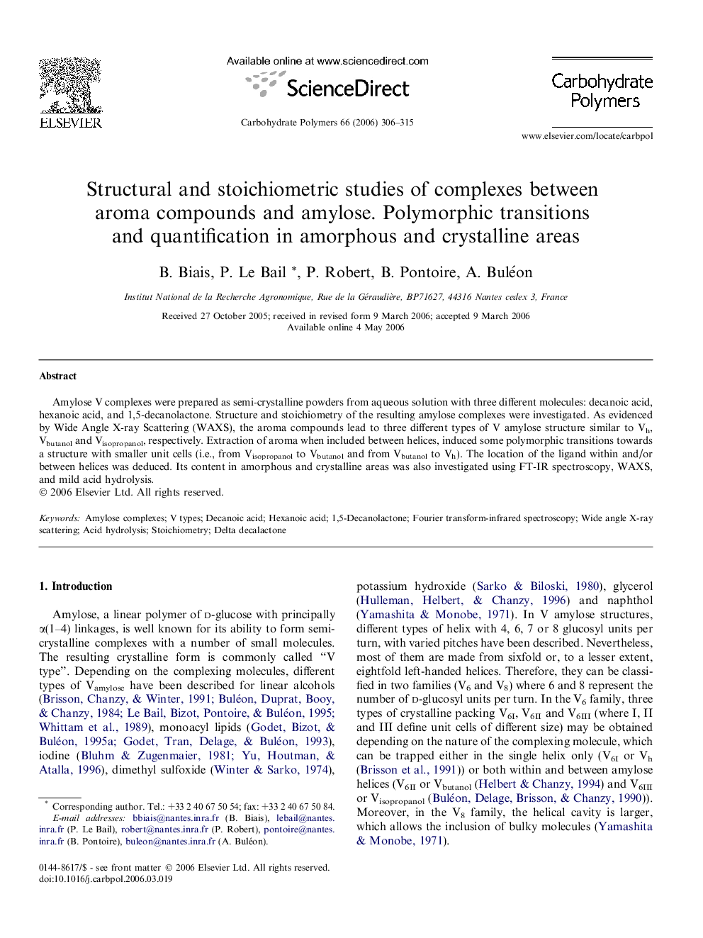 Structural and stoichiometric studies of complexes between aroma compounds and amylose. Polymorphic transitions and quantification in amorphous and crystalline areas