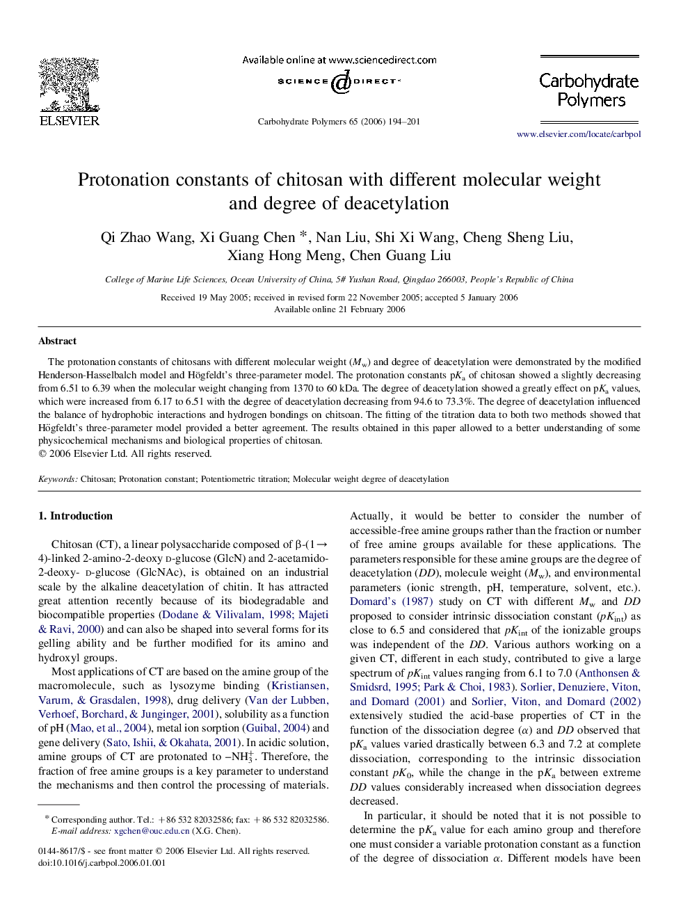 Protonation constants of chitosan with different molecular weight and degree of deacetylation