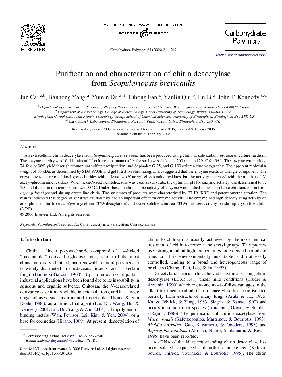 Purification and characterization of chitin deacetylase from Scopulariopsis brevicaulis