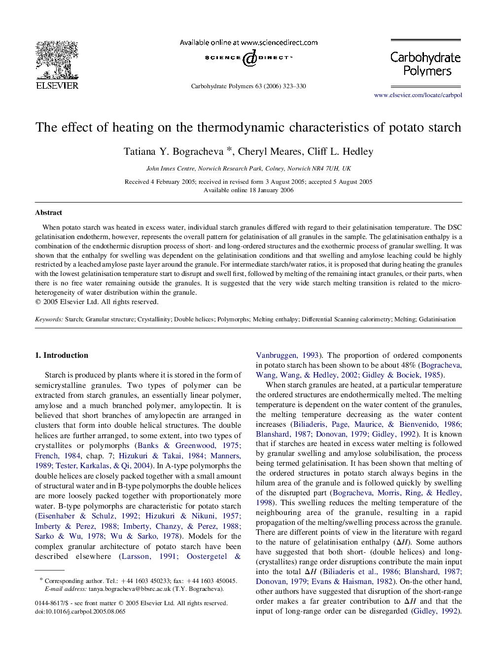 The effect of heating on the thermodynamic characteristics of potato starch