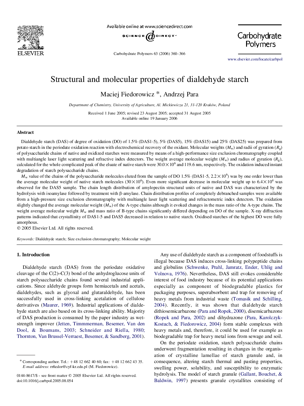 Structural and molecular properties of dialdehyde starch